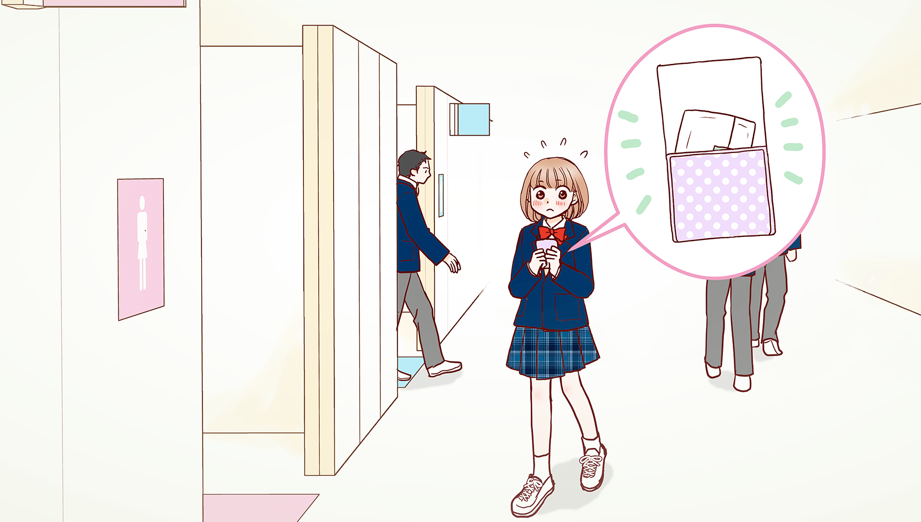 イラスト：ナプキンの入ったポーチを持ってトイレに行く女の子